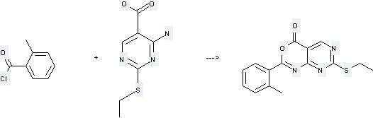 The 5-Pyrimidinecarboxylicacid, 4-amino-2-(ethylthio)- can react with 2-Methyl-benzoyl chloride to get 7-Ethylsulfanyl-2-o-tolyl-pyrimido[4, 5-d][1, 3]oxazin-4-one.